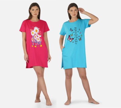 DreamBe Women Nightshirts(Pink, Light Blue)