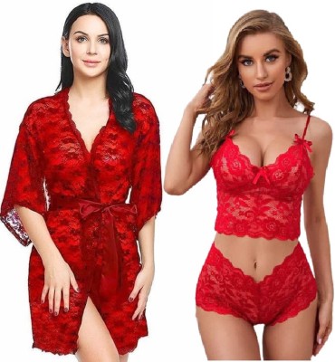 IyaraCollection Women Nighty Set(Red, Red)