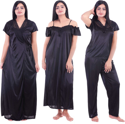 YUALIN CREATION Women Nighty with Robe(Black)