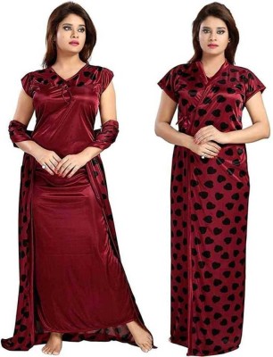 Cotovia Women Nighty with Robe(Maroon)