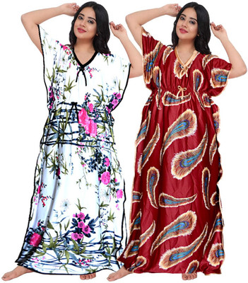 HOORAIN ENTERPRISES Women Nighty Set(White, Maroon)