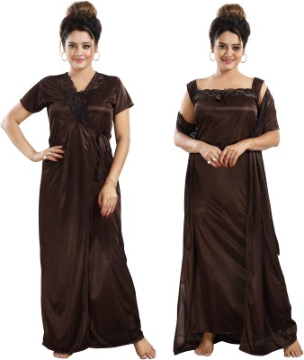 LIFE-TALE Women Nighty with Robe(Brown)