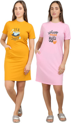 megaska Women Nighty Set(Pink, Yellow)