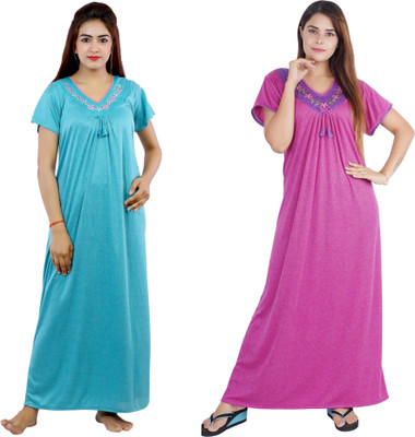 NACNO Women Nighty(Blue, Pink)