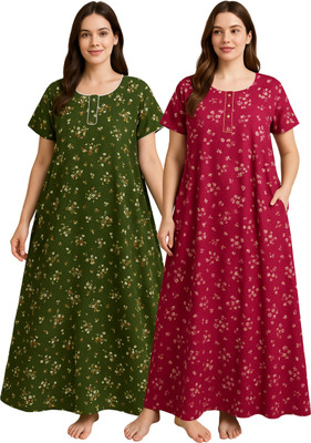 bahumaan Women Nighty(Dark Green, Pink)