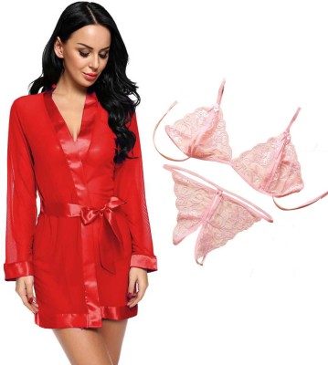 Lovie's Women Robe and Lingerie Set(Red, Pink)