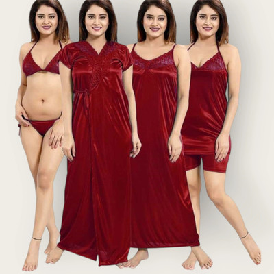 HouseOfCommon Women Nighty Set(Maroon)