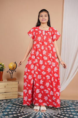 Homezilla Women Nighty(Red, White)