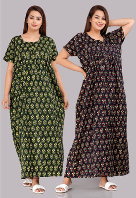 Savicreation Women Nighty Set(Green, Black)