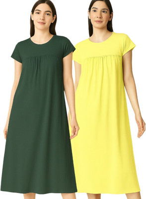 NOW OR NEVER Women Nighty(Dark Green, Yellow)