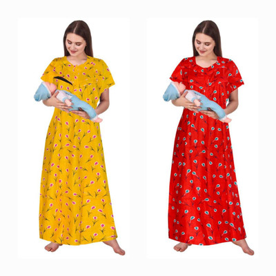 Aaradhana Women Maternity/Nursing Nighty(Yellow, Red)