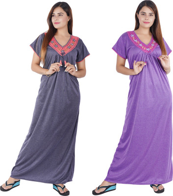 NACNO Women Nighty Set(Grey, Purple)