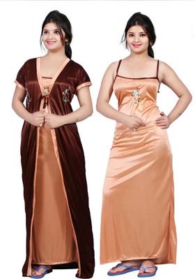 SWEETZA Women Nighty with Robe(Brown)
