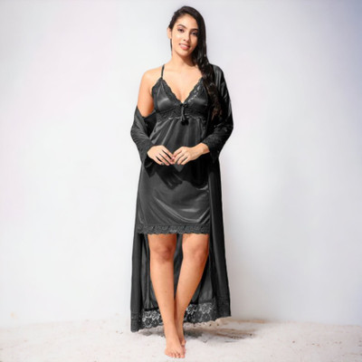 SIAMI Women Nighty Set(Black)