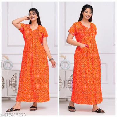 Savicreation Women Nighty(Orange)
