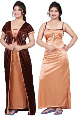 Nandya Women Nighty with Robe(Brown, Beige)