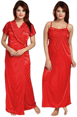 NightBee Women Nighty with Robe(Red)