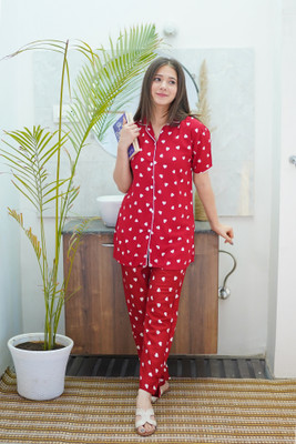 METRONAUT Women Printed Red Night Suit Set