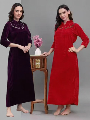 CLOTHUS Women Nighty with Robe(Purple, Red)