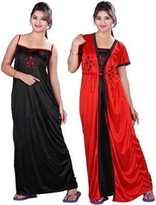 Manya Creation Women Nighty with Robe(Red, Black)