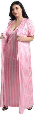 Gwachi Women Nighty with Robe(White, Pink)