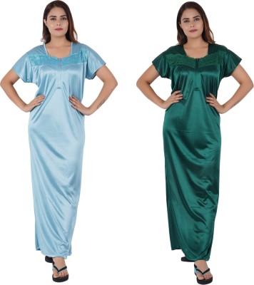 NACNO Women Nighty(Light Blue, Dark Green)