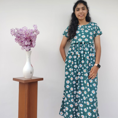 ZERISH Women Maternity/Nursing Nighty(Dark Green)