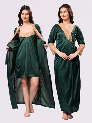 LoveMagnet Women Nighty with Robe(Dark Green)