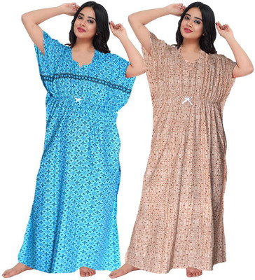 KrishvProducts Women Nighty(Blue, Beige)