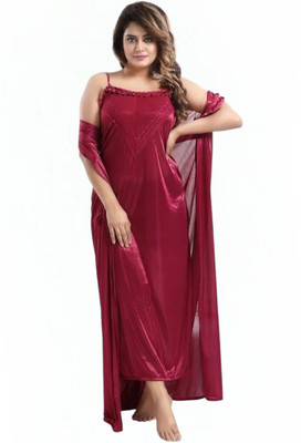 HouseOfCommon Women Nighty with Robe(Maroon)