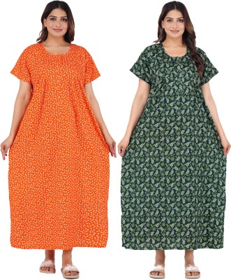 FAVNIC Women Nighty(Orange, Green)