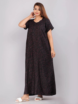 The Ravi Gold Print Women Nighty(Black)