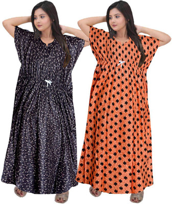 Saviaara Women Nighty(Grey, Orange)