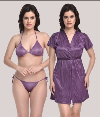 You Forever Women Robe and Lingerie Set(Purple)