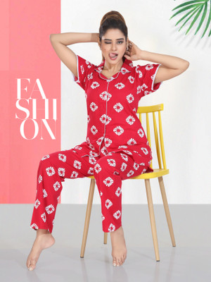 Nighty King Women Geometric Print Red Night Suit Set