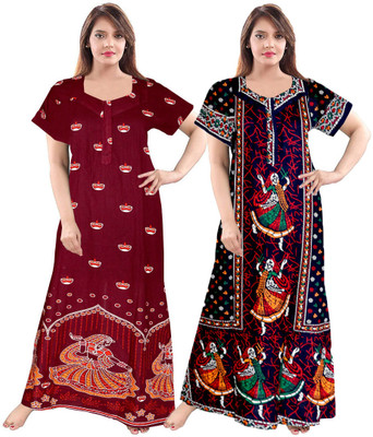 impression Women Nighty Set(Maroon, Blue)