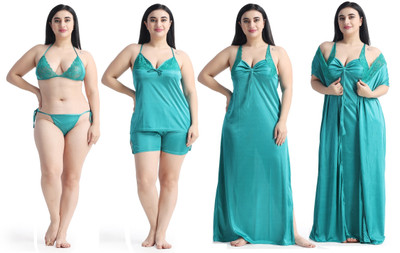 NIGHT KEYS Women Nighty with Robe(Light Green)