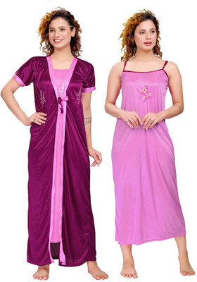 VELEZZA Women Nighty with Robe(Pink)