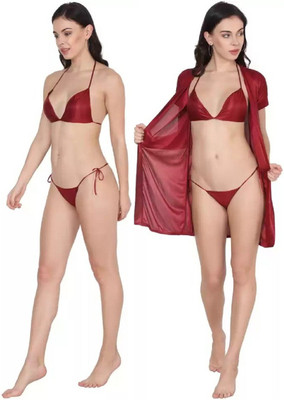GOODNIGHT GLAM Women Robe and Lingerie Set(Maroon)