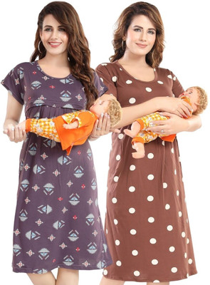 Fabme Women Maternity/Nursing Nighty(Purple, Brown)
