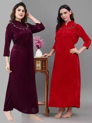 CLOTHUS Women Nighty with Robe(Red)