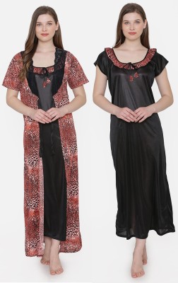 ROWENA Women Nighty with Robe(Black, Brown)