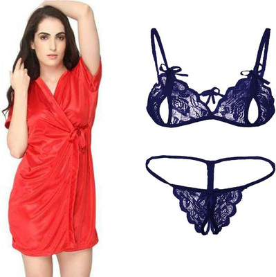 Lovie's Women Robe and Lingerie Set(Red, Blue)