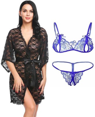 Lovie's Women Robe and Lingerie Set(Black, Light Blue)