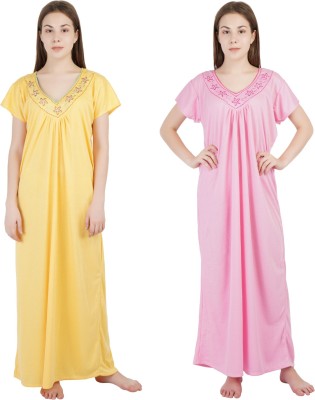 NACNO Women Nighty Set(Yellow, Pink)