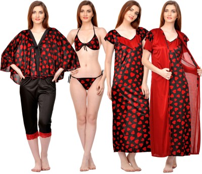 PHALIN Women Nighty Set(Maroon, Black)