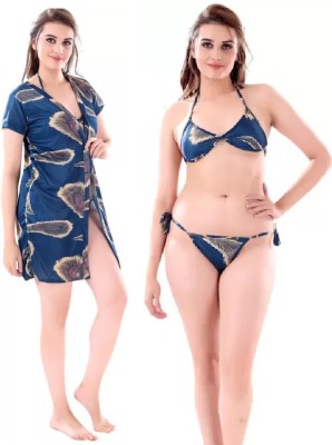 GOODNIGHT GLAM Women Robe and Lingerie Set(Blue)