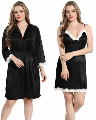 PN Brothers Women Nighty with Robe(Black)