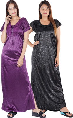 EGET Women Nighty(Purple, Black)