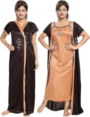 NightBee Women Nighty with Robe(Brown)